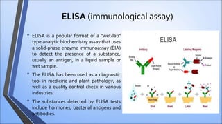 ELISA (immunological assay)
• ELISA is a popular format of a "wet-lab"
type analytic biochemistry assay that uses
a solid-phase enzyme immunoassay (EIA)
to detect the presence of a substance,
usually an antigen, in a liquid sample or
wet sample.
• The ELISA has been used as a diagnostic
tool in medicine and plant pathology, as
well as a quality-control check in various
industries.
• The substances detected by ELISA tests
include hormones, bacterial antigens and
antibodies.
 