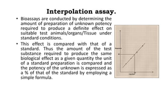Interpolation assay.
• Bioassays are conducted by determining the
amount of preparation of unknown potency
required to produce a definite effect on
suitable test animals/organs/Tissue under
standard conditions.
• This effect is compared with that of a
standard. Thus the amount of the test
substance required to produce the same
biological effect as a given quantity the unit
of a standard preparation is compared and
the potency of the unknown is expressed as
a % of that of the standard by employing a
simple formula.
 