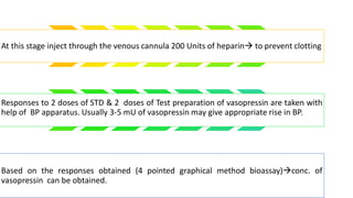 At this stage inject through the venous cannula 200 Units of heparin to prevent clotting
Responses to 2 doses of STD & 2 doses of Test preparation of vasopressin are taken with
help of BP apparatus. Usually 3-5 mU of vasopressin may give appropriate rise in BP.
Based on the responses obtained (4 pointed graphical method bioassay)conc. of
vasopressin can be obtained.
 
