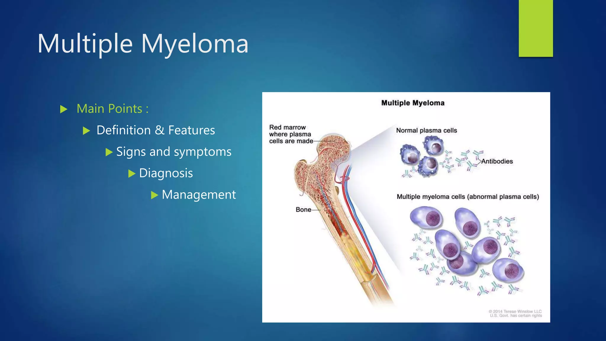  Main Points :
Definition & Features
Signs and symptoms
Diagnosis
Management
Multiple Myeloma