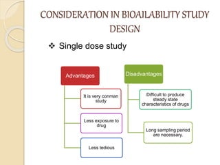 CONSIDERATION IN BIOAILABILITY STUDY
DESIGN
Advantages
It is very conman
study
Less exposure to
drug
Less tedious
Disadvantages
Difficult to produce
steady state
characteristics of drugs
Long sampling period
are necessary.
 Single dose study
 