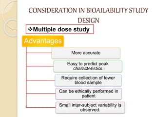 CONSIDERATION IN BIOAILABILITY STUDY
DESIGN
Advantages
More accurate
Easy to predict peak
characteristics
Require collection of fewer
blood sample
Can be ethically performed in
patient
Small inter-subject variability is
observed.
Multiple dose study
 