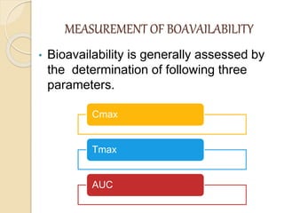 MEASUREMENT OF BOAVAILABILITY
• Bioavailability is generally assessed by
the determination of following three
parameters.
Cmax
Tmax
AUC
 