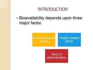 INTRODUCTION
 Bioavailability depends upon three
major factor.
Pharmaceutical
factor
Patient related
factor
Rout of
administration
 
