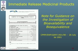 Note for Guidance on the Investigation of Bioavailability and Bioequivalence CPMP/EWP/QWP/1401/98 –  26 July de 2001 Immediate Release Medicinal Products   