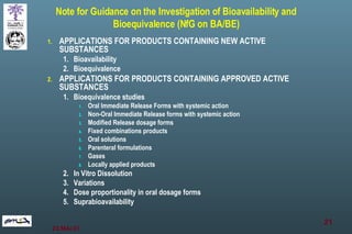Note for Guidance on the Investigation of Bioavailability and Bioequivalence (NfG on BA/BE) APPLICATIONS FOR PRODUCTS CONTAINING NEW ACTIVE SUBSTANCES Bioavailability Bioequivalence APPLICATIONS FOR PRODUCTS CONTAINING APPROVED ACTIVE SUBSTANCES Bioequivalence studies Oral Immediate Release Forms with systemic action Non-Oral Immediate Release forms with systemic action Modified Release dosage forms Fixed combinations products Oral solutions Parenteral formulations Gases Locally applied products In Vitro Dissolution Variations Dose proportionality in oral dosage forms Suprabioavailability 