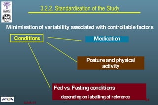 3.2.2. Standardisation of the Study Fed vs. Fasting conditions depending on labelling of reference Minimisation of variability associated with controllable factors  Conditions Medication Posture and physical activity 