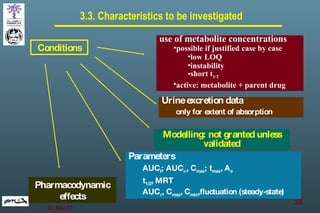 3.3. Characteristics to be investigated Conditions use of metabolite concentrations possible if justified case by case low LOQ instability short t 1/2 active: metabolite + parent drug   Urine excretion data only for extent of absorption Modelling: not granted unless validated Parameters AUC t ; AUC  , C max ; t max , A e t 1/2 , MRT AUC  ,   C max , C min ,fluctuation (steady-state) Pharmacodynamic effects 