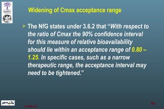 Widening of Cmax acceptance range The NfG states under 3.6.2 that “ With respect to the ratio of Cmax the 90% confidence interval for this measure of relative bioavailability should lie within an acceptance range of  0.80 – 1.25.  In specific cases, such as a narrow therapeutic range, the acceptance interval may need to be tightened .” 