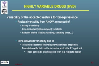 Variability of the accepted metrics for bioequivalence Residual variability from ANOVA composed of Assay uncertainty Intra-individual (within subject) variability Random effects (subject handling, sampling times,...) Intra-individual variability due to The active substance intrinsic pharmacokinetic properties Formulation effects from the innovator and/or the 2 nd  applicant These cannot be distinguished even in a replicate design HIGHLY VARIABLE DRUGS (HVD) 