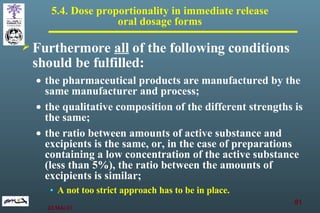 Furthermore   all  of the following conditions should be fulfilled:   the pharmaceutical products are manufactured by the same manufacturer and process; the qualitative composition of the different strengths is the same; the ratio between amounts of active substance and excipients is the same, or, in the case of preparations containing a low concentration of the active substance (less than 5%), the ratio between the amounts of excipients is similar; A not too strict approach has to be in place. 5.4. Dose proportionality in immediate release  oral dosage forms  