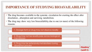 IMPORTANCE OF STUDYING BIOAVAILABILITY
• The drug becomes available to the systemic circulation for exerting the effect after
dissolution , absorption and surviving metabolism.
• The drug may show very low bioavailability due to one (or more) of the following
reasons:
1. Dosage form or drug may not dissolve readily
2. Drug may not be readily pass across biological
membranes
3. Drug may be extensivelymetabolized during
absorption process
 