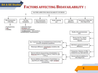 6
FACTORS AFFECTING BIOAVAILABILITY :
BIOAVAILABILITY
BA & BE Studies
 