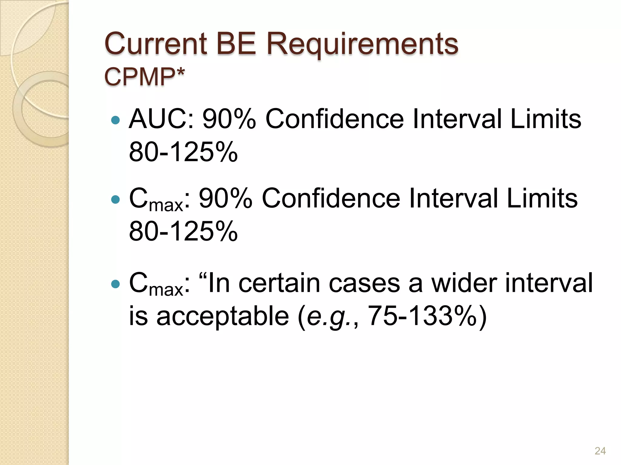 Current BE Requirements
CPMP*
   AUC: 90% Confidence Interval Limits
    80-125%
   Cmax: 90% Confidence Interval Limits
    80-125%
   Cmax: “In certain cases a wider interval
    is acceptable (e.g., 75-133%)



                                               24
 