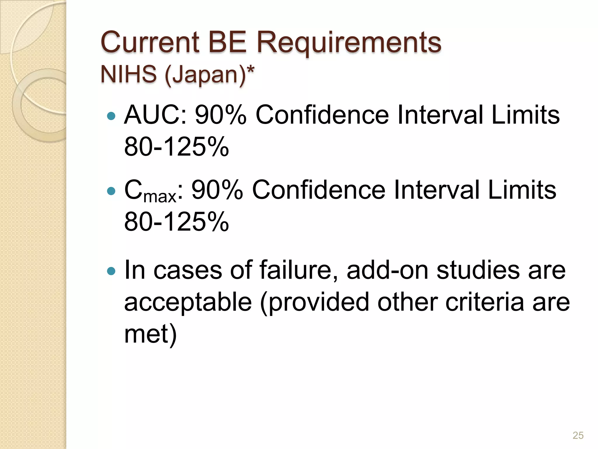 Current BE Requirements
NIHS (Japan)*
   AUC: 90% Confidence Interval Limits
    80-125%
   Cmax: 90% Confidence Interval Limits
    80-125%
   In cases of failure, add-on studies are
    acceptable (provided other criteria are
    met)


                                              25
 