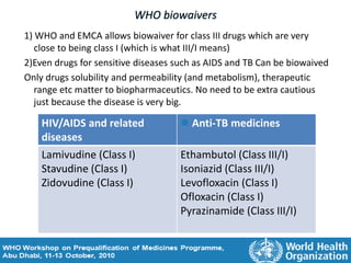 1) WHO and EMCA allows biowaiver for class III drugs which are very
close to being class I (which is what III/I means)
2)Even drugs for sensitive diseases such as AIDS and TB Can be biowaived
Only drugs solubility and permeability (and metabolism), therapeutic
range etc matter to biopharmaceutics. No need to be extra cautious
just because the disease is very big.
WHO biowaivers
HIV/AIDS and related
diseases
 Anti-TB medicines
Lamivudine (Class I)
Stavudine (Class I)
Zidovudine (Class I)
Ethambutol (Class III/I)
Isoniazid (Class III/I)
Levofloxacin (Class I)
Ofloxacin (Class I)
Pyrazinamide (Class III/I)
 