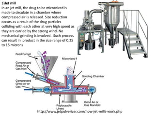 3)Jet mill
In an jet mill, the drug to be micronized is
made to circulate in a chamber where
compressed air is released. Size reduction
occurs as a result of the drug particles
colliding with each other at very high speed as
they are carried by the strong wind. No
mechanical grinding is involved. Such process
can result in product in the size range of 0.25
to 15 microns
http://www.jetpulverizer.com/how-jet-mills-work.php
 