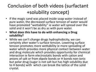 Conclusion of both videos (surfactant
+solubility concept)
• If the magic sand was placed inside soap water instead of
pure water, the decreased surface tension of water would
have promoted “wettability” ie water will spread over the
solid and it won’t be as dry as with pure water.
• What does this have to do with enhancing a Drug
solubility?
• While we can’t change drugs hydrophobicity, we can
certainly alter water’s surface tension. Lowering surface
tension promotes more wettability ie more spreading of
water which provides more physical contact between water
and drug molecule which provides opportunity for chemical
interaction ie form electrostatic bonds with cation and
anions of salt or from dipole bonds or H bonds non-ionic
but polar drug (sugar is not salt but has high solubility due
to H bonds) with which can break the lattice of the solid
crystal.
 