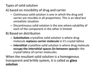 Types of solid solution
A) based on miscibility of drug and carrier
– Continuous solid solution is one in which the drug and
carrier are miscible in all proportions. This is an ideal but
unrealistic situation
– Discontinuous solid solution is the one where solubility of
each of the component in the other is limited
B) Based on distribution
– Substitution crystalline solid solution is where drug
molecule replaces carrier molecule in it’s crystal lattice
– Interstitial crystalline solid solution is where drug molecule
occupy the interstitial spaces (in between space)in the
crystal lattice of carrier molecules
When the resultant solid solution is a homogenous
transparent and brittle system, it is called as glass
solution
 