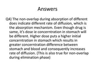 Answers
Q4) The non-overlap during absorption of different
does indicate different rate of diffusion, which is
the absorption mechanism. Even though drug is
same, it’s dose ie concerntration in stomach will
be different. Higher dose puts a higher initial
concerntration in stomach which results in
greater concerntration difference between
stomach and blood and consequently increases
rate of diffusion. (This is also true for non-overlap
during elimination phase)
 