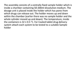 The assembly consists of a centrally fixed sample holder which is
inside a chamber containing 50-200ml dissolution medium. The
dosage unit is placed inside the holder which has pores from
which drugs can release out. The holder moves up and down
within the chamber (earlier there was no sample holder and the
whole cylinder moved up and down). The temperature, inside
the containers is 32 ± 0.5 °C. For Coated tablet drug delivery
system attach each system to be tested to a suitable Sample
holder
 