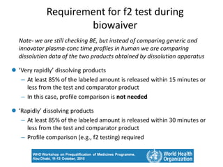 Requirement for f2 test during
biowaiver
Note- we are still checking BE, but instead of comparing generic and
innovator plasma-conc time profiles in human we are comparing
dissolution data of the two products obtained by dissolution apparatus
 ‘Very rapidly’ dissolving products
– At least 85% of the labeled amount is released within 15 minutes or
less from the test and comparator product
– In this case, profile comparison is not needed
 ‘Rapidly’ dissolving products
– At least 85% of the labeled amount is released within 30 minutes or
less from the test and comparator product
– Profile comparison (e.g., f2 testing) required
 