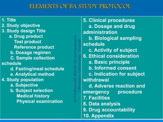 ELEMENTS OF BA STUDY PROTOCOL
1. Title
2. Study objective
3. Study design Title
a. Drug product
Test product
Reference product
b. Dosage regimen
C. Sample collection
schedule
d. Fasting/meal schedule
e. Analytical method
4. Study population
a. Subjective
b. Subject selection
Medical history
Physical examination
5. Clinical procedures
a. Dosage and drug
administration
b. Biological sampling
schedule
c. Activity of subject
6. Ethical consideration
a. Basic principle
b. Informed consent
c. Indication for subject
withdrawal
d. Adverse reaction and
emergency procedure
7. Facilities
8. Data analysis
9. Drug accountability
10. Appendix
 