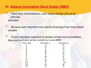 III. Balance Incomplete Block Design (BIBD)
 More than 3 formulations, Latin square design will not be
ethically
advisable
 Because each volunteer may require drawing of too many blood
samples
 If each volunteer expected to receive at least two formulation,
then such a study can be carried out using BIBD
 