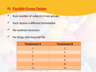 IV. Parallel-Group Design
 Even number of subjects in two groups
 Each receive a different formulation
 No washout necessary
 For drugs with long half life
 