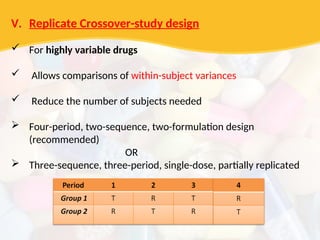 V. Replicate Crossover-study design
 For highly variable drugs
 Allows comparisons of within-subject variances
 Reduce the number of subjects needed
 Four-period, two-sequence, two-formulation design
(recommended)
OR
 Three-sequence, three-period, single-dose, partially replicated
 