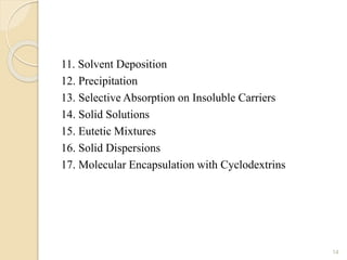 11. Solvent Deposition
12. Precipitation
13. Selective Absorption on Insoluble Carriers
14. Solid Solutions
15. Eutetic Mixtures
16. Solid Dispersions
17. Molecular Encapsulation with Cyclodextrins
14
 