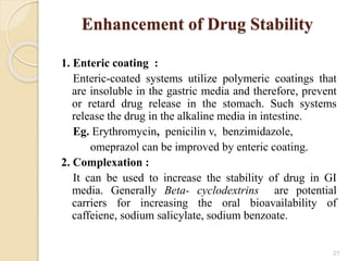 Enhancement of Drug Stability
1. Enteric coating :
Enteric-coated systems utilize polymeric coatings that
are insoluble in the gastric media and therefore, prevent
or retard drug release in the stomach. Such systems
release the drug in the alkaline media in intestine.
Eg. Erythromycin, penicilin v, benzimidazole,
omeprazol can be improved by enteric coating.
2. Complexation :
It can be used to increase the stability of drug in GI
media. Generally Beta- cyclodextrins are potential
carriers for increasing the oral bioavailability of
caffeiene, sodium salicylate, sodium benzoate.
21
 