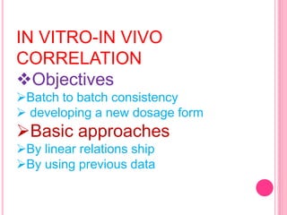 IN VITRO-IN VIVO
CORRELATION
Objectives
Batch to batch consistency
 developing a new dosage form
Basic approaches
By linear relations ship
By using previous data
 