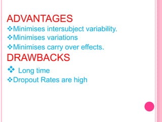 ADVANTAGES
Minimises intersubject variability.
Minimises variations
Minimises carry over effects.
DRAWBACKS
 Long time
Dropout Rates are high
 