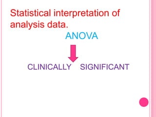 Statistical interpretation of
analysis data.
ANOVA
CLINICALLY SIGNIFICANT
 