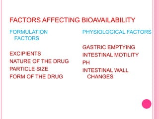 FACTORS AFFECTING BIOAVAILABILITY
FORMULATION
FACTORS
EXCIPIENTS
NATURE OF THE DRUG
PARTICLE SIZE
FORM OF THE DRUG
PHYSIOLOGICAL FACTORS
GASTRIC EMPTYING
INTESTINAL MOTILITY
PH
INTESTINAL WALL
CHANGES
 