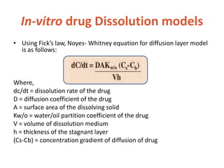 In-vitro drug Dissolution models
• Using Fick’s law, Noyes- Whitney equation for diffusion layer model
is as follows:
Where,
dc/dt = dissolution rate of the drug
D = diffusion coefficient of the drug
A = surface area of the dissolving solid
Kw/o = water/oil partition coefficient of the drug
V = volume of dissolution medium
h = thickness of the stagnant layer
(Cs-Cb) = concentration gradient of diffusion of drug
 