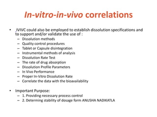 In-vitro-in-vivo correlations
• IVIVC could also be employed to establish dissolution specifications and
to support and/or validate the use of :
– Dissolution methods
– Quality control procedures
– Tablet or Capsule disintegration
– Instrumental methods of analysis
– Dissolution Rate Test
– The rate of drug absorption
– Dissolution Profile Parameters
– In Vivo Performance
– Proper In-Vitro Dissolution Rate
– Correlate the data with the bioavailability
• Important Purpose:
– 1. Providing necessary process control
– 2. Determing stability of dosage form ANUSHA NADIKATLA
 