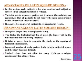 ADVANTAGES OF LATIN SQUARE DESIGN:-
 In this design, each subjects is his own control, and subject-to-
subject (inter-subject) variation is reduced.
 Variation due to sequence, period, and treatment (formulation) are
reduced, so that all patients do not receive the same drug product
on the same day in the same order.
 It requires less number of subjects to get meaningful results.
DISADVANTAGES OF LATIN SQUARE DESIGN:-
 It requires longer time to complete the study.
 The higher the biological half life of drug, the longer will be the
time required for completing the study.
 It takes a longer time to complete the study as the number of
formulations increases.
 Increased number of study periods leads to high subject dropouts
and the study becomes difficult.
 Medical ethics does not allow too many trials on a subject
continuously for a longer time.
Continue….. 25
 