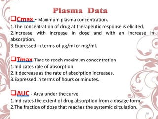 Cmax - Maximum plasma concentration.
1.The concentration of drug at therapeutic response is elicited.
2.Increase with increase in dose and with an increase in
absorption.
3.Expressed in terms of μg/ml or mg/ml.
Tmax-Time to reach maximum concentration
1.Indicates rate of absorption.
2.It decrease as the rate of absorption increases.
3.Expressed in terms of hours or minutes.
AUC - Area under thecurve.
1.Indicates the extent of drug absorption from a dosage form.
2.The fraction of dose that reaches the systemic circulation.
18
 