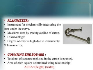 • PPLLAANNIIMMEETTEERR:: 
• Instrument for mechanically measuring the 
area under the curve. 
• Measures area by tracing outline of curve. 
• Disadvantage: 
• Degree of error is high due to instrumental 
& human error. 
• CCOOUUNNTTIINNGG TTHHEE SSQQUUAARREE :: 
• Total no. of squares enclosed in the curve is counted. 
• Area of each square determined using relationship: 
AREA=(height) (width) 
 