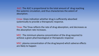 AUC: The AUC is proportional to the total amount of drug reaching
the systemic circulation, and thus characterizes the extent of
absorption.
Cmax: Gives indication whether drug is sufficiently absorbed
systemically to provide a therapeutic response.
Tmax: The Tmax reflects the rate of drug absorption, and decreases as
the absorption rate increases.
MEC: The minimum plasma concentration of the drug required to
achieve a given pharmacological or therapeutic response
MSC: plasma concentration of the drug beyond which adverse effects
are likely to happen
 