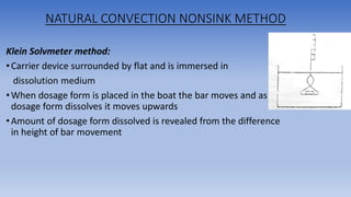 NATURAL CONVECTION NONSINK METHOD
Klein Solvmeter method:
•Carrier device surrounded by flat and is immersed in
dissolution medium
•When dosage form is placed in the boat the bar moves and as
dosage form dissolves it moves upwards
•Amount of dosage form dissolved is revealed from the difference
in height of bar movement
 