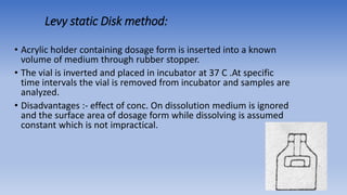 Levy static Disk method:
• Acrylic holder containing dosage form is inserted into a known
volume of medium through rubber stopper.
• The vial is inverted and placed in incubator at 37 C .At specific
time intervals the vial is removed from incubator and samples are
analyzed.
• Disadvantages :- effect of conc. On dissolution medium is ignored
and the surface area of dosage form while dissolving is assumed
constant which is not impractical.
 