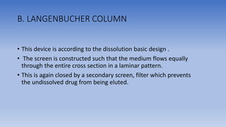 B. LANGENBUCHER COLUMN
• This device is according to the dissolution basic design .
• The screen is constructed such that the medium flows equally
through the entire cross section in a laminar pattern.
• This is again closed by a secondary screen, filter which prevents
the undissolved drug from being eluted.
 