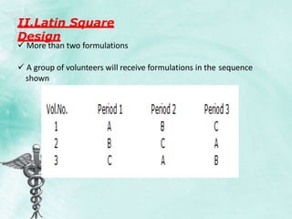 II.Latin Square
Design
 More than two formulations
 A group of volunteers will receive formulations in the sequence
shown
 