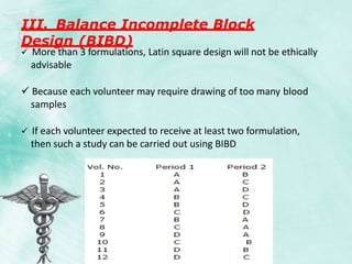 III. Balance Incomplete Block
Design (BIBD)
 More than 3 formulations, Latin square design will not be ethically
advisable
 Because each volunteer may require drawing of too many blood
samples
 If each volunteer expected to receive at least two formulation,
then such a study can be carried out using BIBD
 