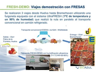 FRESH-DEMO: Viajes demostración con FRESAS
Se realizaron 3 viajes desde Huelva hasta Bremerhaven utilizando una
furgoneta equipada con el sistema UltraFRESH (1ºC de temperatura y
un 90% de humedad) que realizó la ruta en paralelo al transporte
convencional en camión refrigerado.
Salida – Día1
Palos de la
Frontera, Huelva
Transporte convencional EDEKA: via Kehl - Wiefelstede
Entrega – Día4
Bremerhaven
Transporte FRESH-DEMO con humidificación ultrasónica
(T=1°C/HR=90-96%)
 