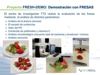 El centro de investigación TTZ realizó la evaluación de las fresas
mediante el análisis de distintos parámetros:
Análisis de la textura (dureza)
El secado de sustancias
Valor del PH
Contenido de polifenoles y vitamina C
Análisis microbiológico (recuento total de bacterias y levaduras / mohos)
Análisis sensorial
Proyecto FRESH-DEMO: Demostración con FRESAS
 
