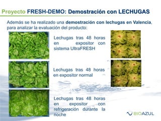 Lechugas tras 48 horas
en expositor con
sistema UltraFRESH
Proyecto FRESH-DEMO: Demostración con LECHUGAS
Además se ha realizado una demostración con lechugas en Valencia,
para analizar la evaluación del producto:
Lechugas tras 48 horas
en expositor con
refrigeración durante la
noche
Lechugas tras 48 horas
en expositor normal
 